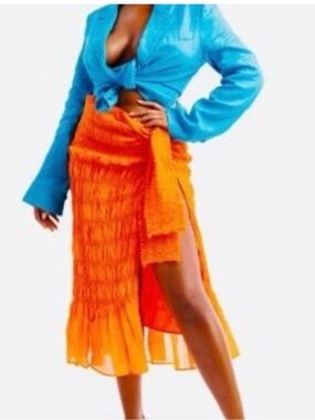 Hanifa Orange Smocked Midi Skirt with Side Slit